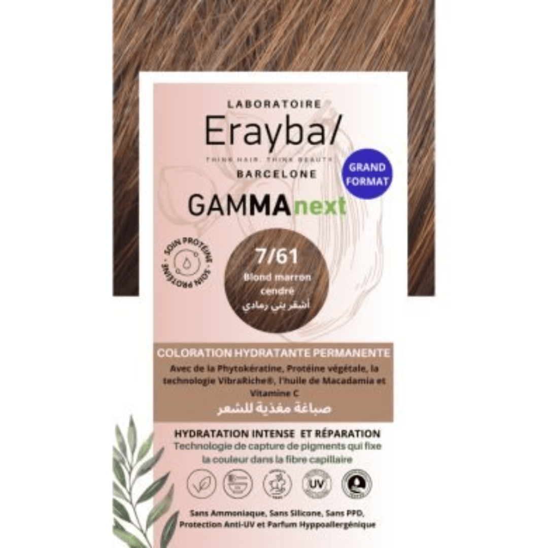 Erayba-Gamma-next-Coloration-761-Blond-fonce-marron-1.png Erayba Gamma next Coloration 7/61 Blond fonce marron Coloration Hydratante Permanente – Image 1