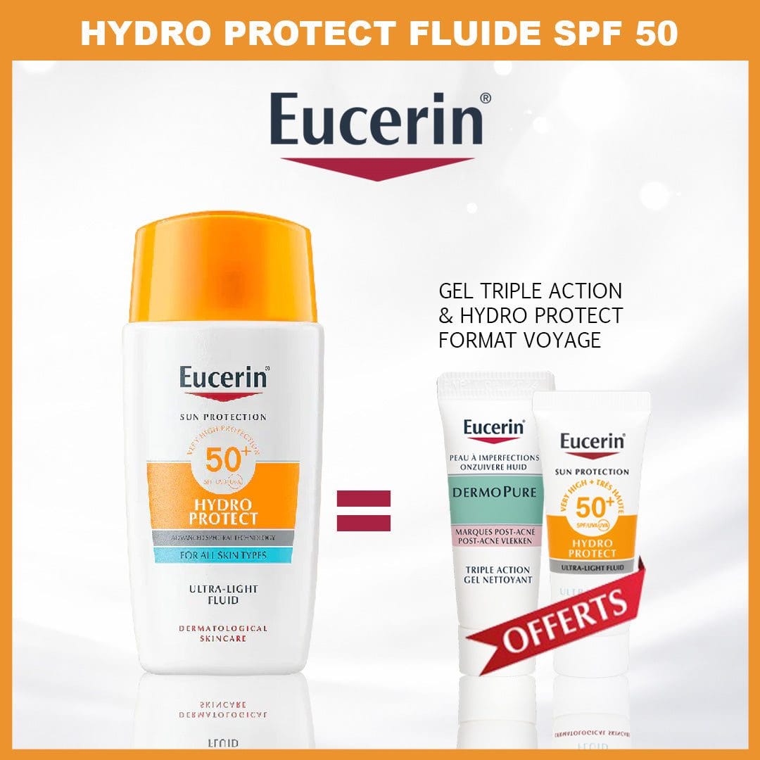 EUCERINHYDRO.jpg EUCERIN HYDRO PROTECT FLUIDE ULTRA LEGER SPF 50+ = GEL TRIPLE ACTION + HYDRO PROTECT OFFERTS – Image 1