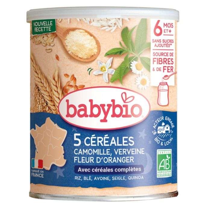 babybio-babybio-5-cereales-verveine-et-fleur-doranger-et-camomille-6-mois-220-g-laits-et-cereales-bebe.jpg BABYBIO CEREALES INFANTILES BIO VERVEINE FLEUR D’ORANGER CAMOMILLE 6+ MOIS 220G – Image 1