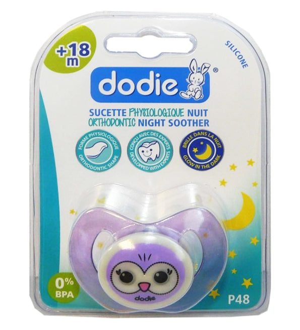 3700763502144_ef6a0d48-d751-4700-a73d-68114dd52c38-1.jpg Dodie – Sucette physiologique silicone nuit (18M+) N°48 – Chouette & Mouton – Image 1