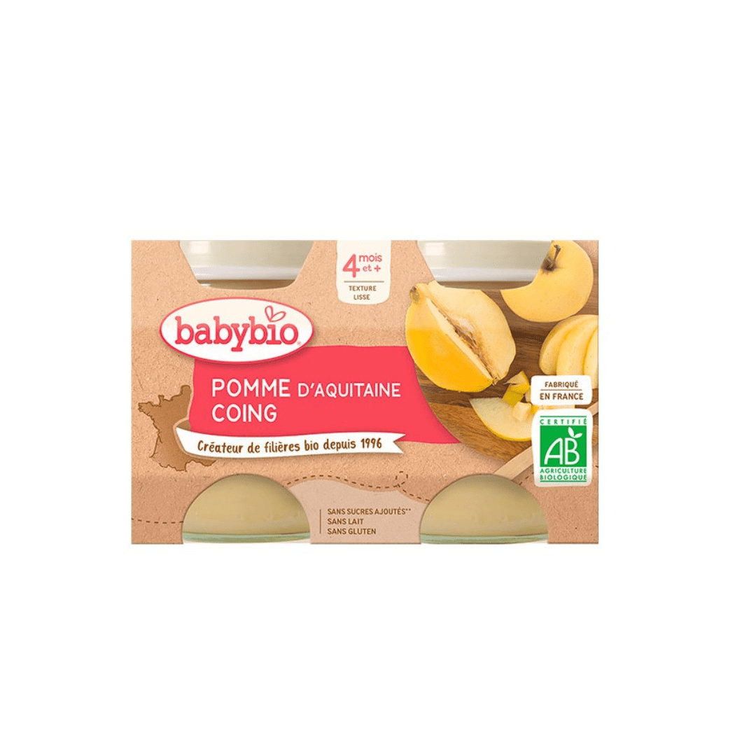 BABYBIO-PETIT-POT-POMME-COING-2-x-130G-1-1.png BABYBIO POMME DE NOUVELLE AQUITAINE COING DE PROVENCE 2x130 G – Image 1