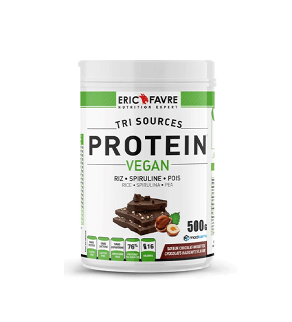 CGHJYGU.png ERIC FAVRE TRI SOURCES PROTEIN VEGAN RIZ SPIRULINE POIS SAVEUR CHOCOLAT NOISETTES 500 G – Image 1