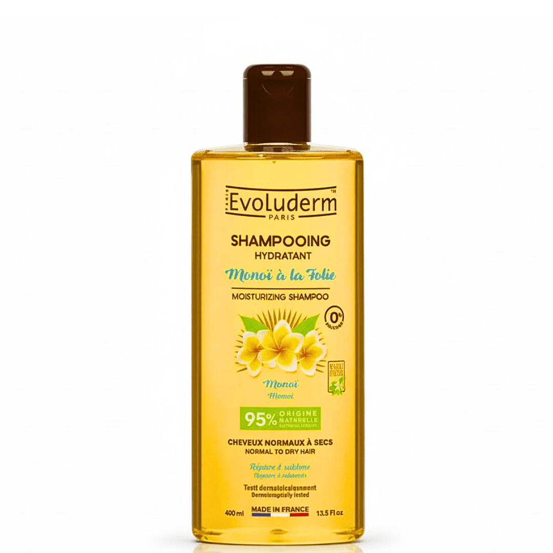 Evoluderm-Shampo-Monoi-a-La-Folie-400ml-1.png EVOLU SHAMPOOING MONOI 400ML – Image 1