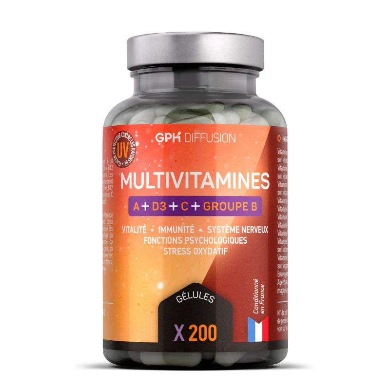 GPH-Multivitamines-200-Gelules-1.webp GPH MULTIVITAMINES A + D + C + GROUPE B COMPLEMENT ALIMENTAIRE 200 GELULES 392 MG – Image 1