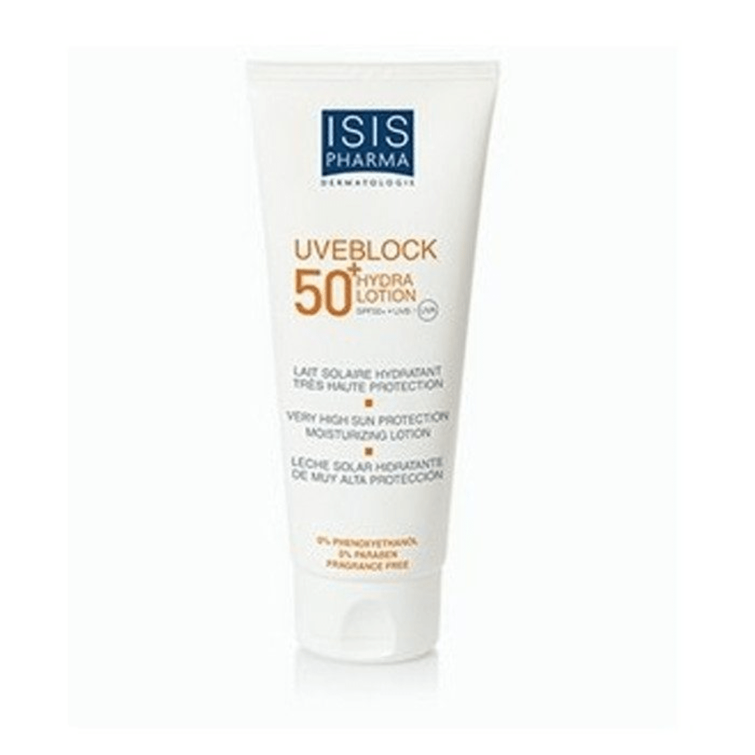 Isis-Uveblock-50-hydra-lotion-100ml-1-1.png ISISPHARMA UVEBLOCK SPF 50+ LAIT PEAUX SENSIBLES 100ml – Image 1